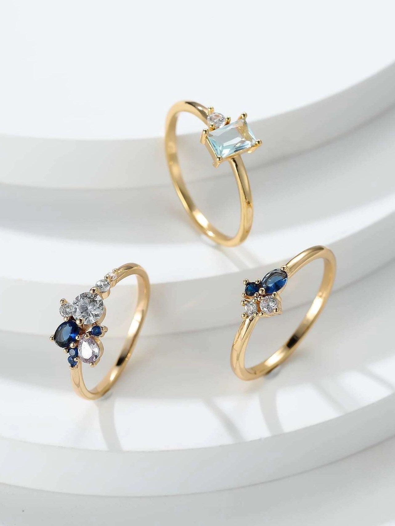 3 Pc Set Blue Sapphire Dainty CZ Ring